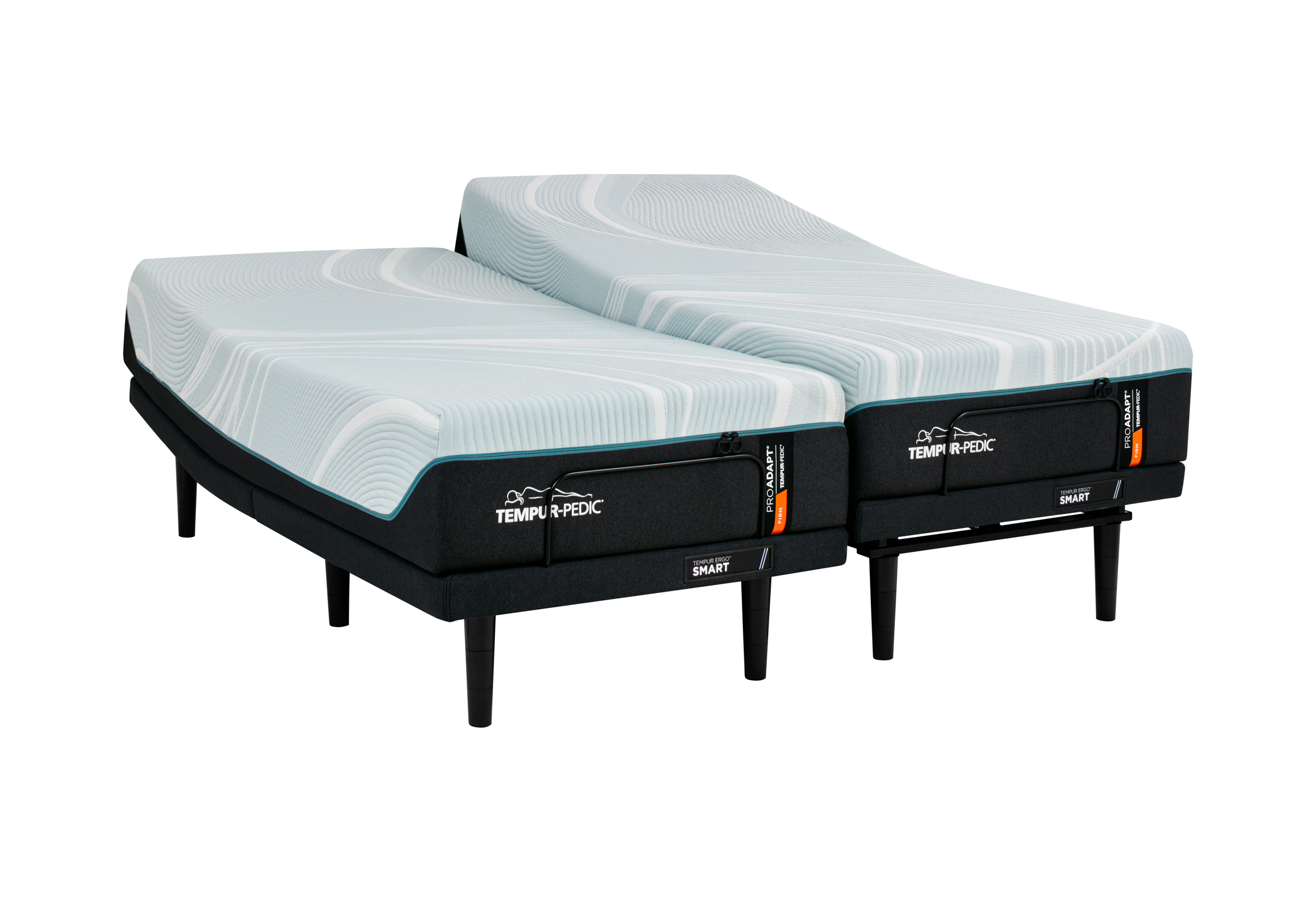 Tempur-Pedic Tempur ProAdapt Firm mattress featuring adaptive TEMPUR materials and SmartClimate cover, designed for pressure relief and support, showcased in a split configuration.