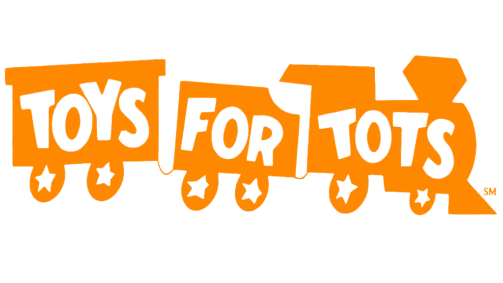 Toys for Tots logo featuring orange train cars with the text "TOYS FOR TOTS," representing community support and charitable giving.