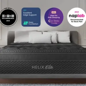 Helix Elite mattress displayed on a bed frame with multiple accolades and recommendations for comfort, edge support, and suitability for side sleeping.