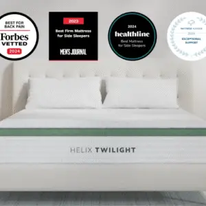 Helix Twilight mattress displayed on a bed with multiple award badges for best mattress recognition, including Forbes and Healthline, emphasizing quality and comfort for side sleepers.