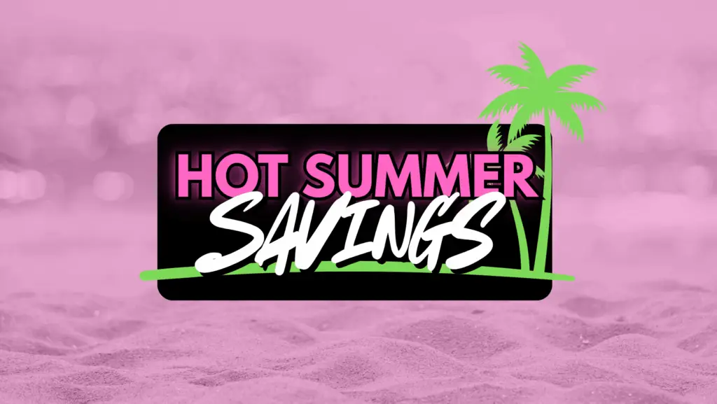 Hot Summer Savings promotional graphic with palm trees and vibrant colors, highlighting exclusive deals on bedding and mattresses at Jacksonville Bedding.