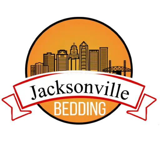 Jacksonville Bedding logo featuring a skyline silhouette against an orange circle, with a banner displaying the brand name "Jacksonville Bedding."
