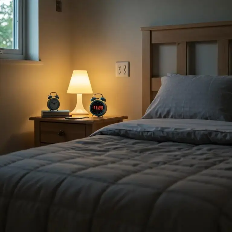Cozy bedroom setup with a neatly made bed, bedside lamp, and alarm clocks promoting restful sleep for students.