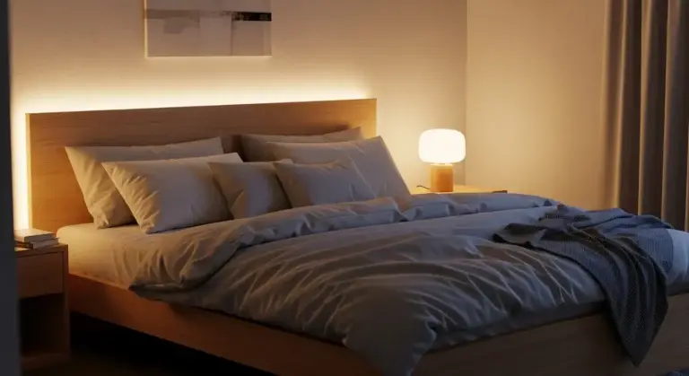 Cozy bedroom with a modern wooden bed, soft bedding, and ambient lighting, illustrating restful sleep environment for November's busy season.