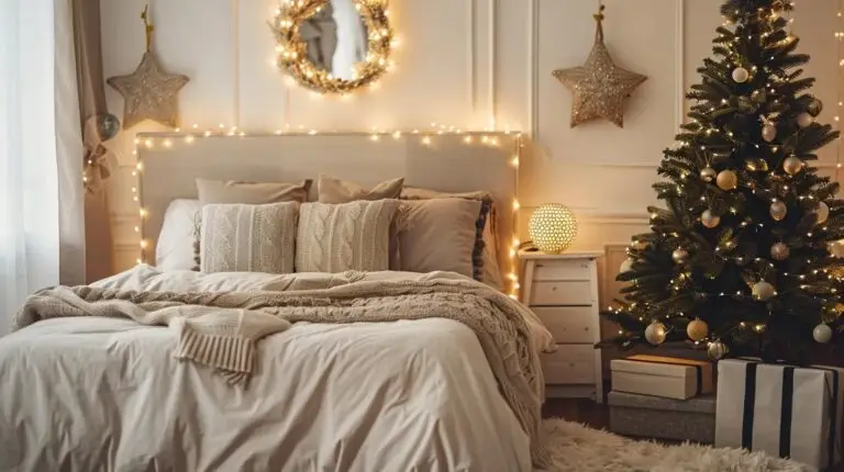 Cozy holiday-themed bedroom with a decorated bed, string lights, and a Christmas tree, showcasing Jacksonville Bedding's ideal guest room setup.