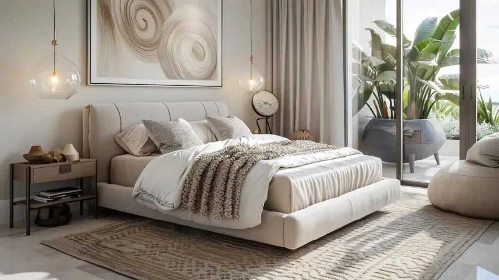 Modern bedroom featuring a plush bed with decorative pillows, cozy throw blanket, stylish nightstand, and large windows showcasing greenery, emphasizing comfort and relaxation for better sleep.