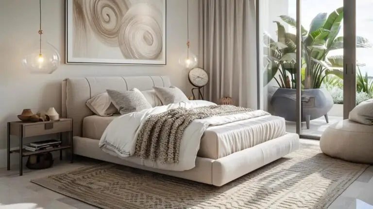 Modern bedroom featuring a plush bed with layered bedding, decorative pillows, and a cozy throw, complemented by stylish hanging lights, a bedside table with accessories, and large windows revealing tropical plants outside.