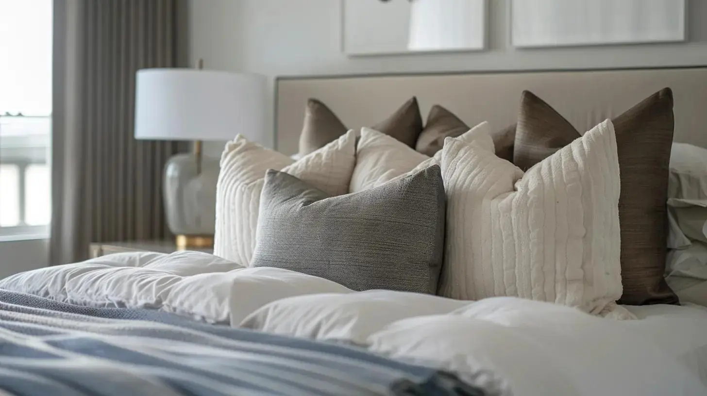 Assorted decorative pillows in neutral tones arranged on a bed with a soft white duvet and blue striped throw, enhancing bedroom comfort and aesthetics for improved sleep quality.