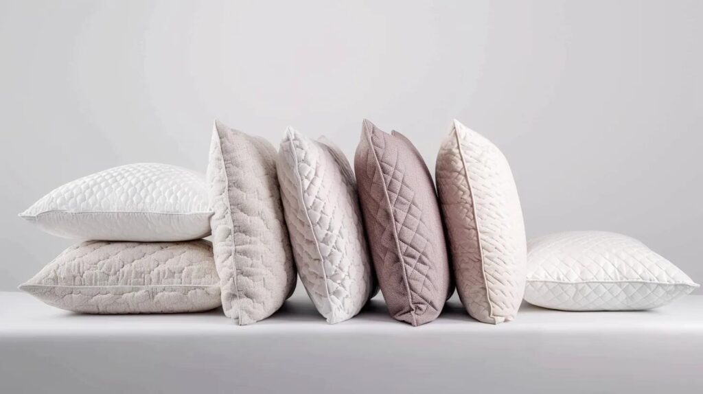 Assorted pillows in various textures and colors, showcasing options for comfort and support in sleep, relevant to pillow selection guidance.