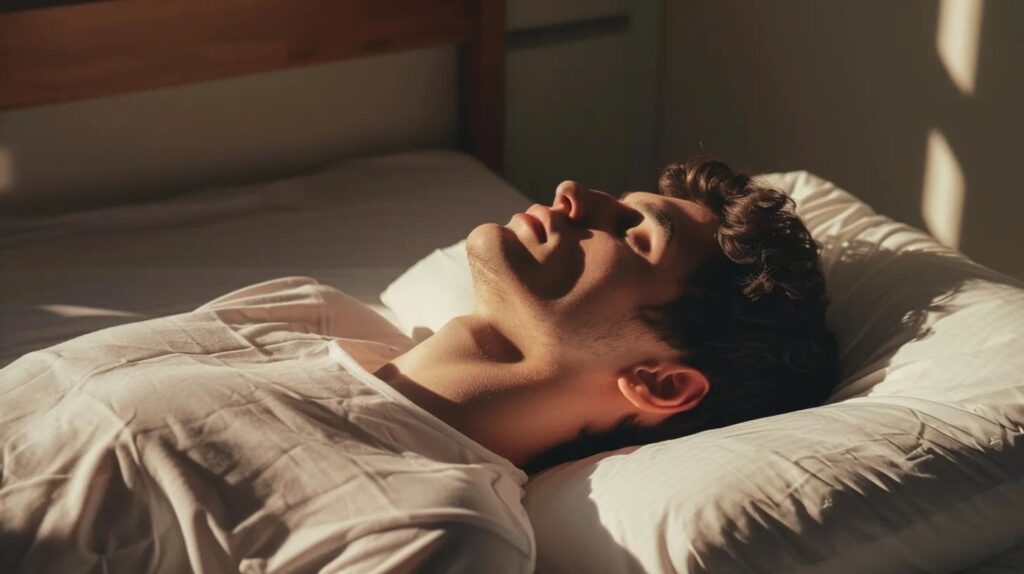 Young man sleeping comfortably on a pillow in a sunlit bedroom, illustrating the importance of proper pillow choice for sleep quality and alignment.
