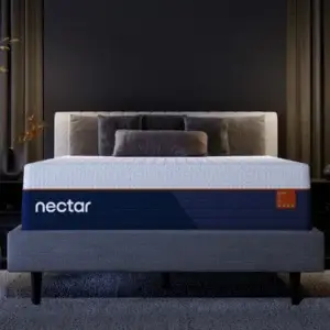 Nectar memory foam mattress displayed on a stylish bed frame in a modern bedroom setting, emphasizing comfort and luxury for optimal sleep solutions.