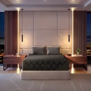 Luxury bedroom featuring a Beautyrest Black Hybrid XCS Series 3 mattress with a stylish bed frame, elegant bedding, and modern nightstands, set against a city skyline backdrop.