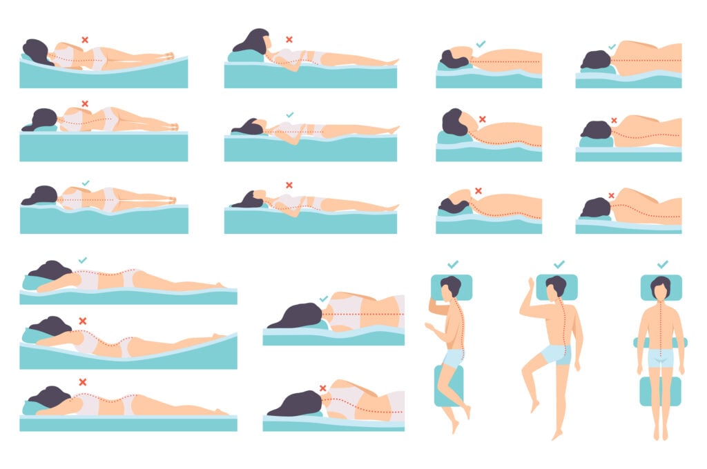 Complete Mattress Buying Guide for 2026: How to Choose the Best Bed for You 2 Illustration showing correct and incorrect sleeping postures for spinal alignment, featuring side, back, and stomach sleeping positions, highlighting ideal mattress firmness for different sleep styles.