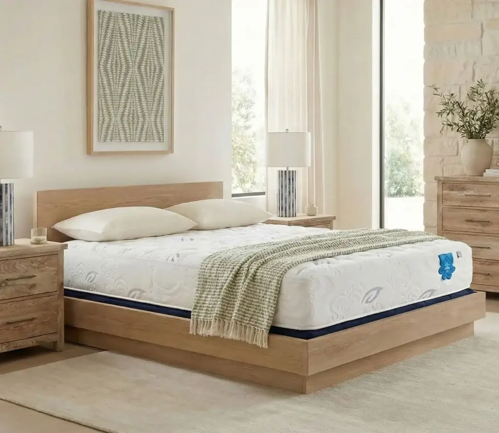 PranaSleep Asha Luxe mattress displayed in a modern bedroom setting with natural light, featuring a wooden bed frame, decorative pillows, and bedside lamps, promoting a relaxed sleep experience at Jacksonville Bedding's Grand Opening event.