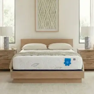 PranaSleep Asha Luxe mattress displayed on a modern wooden bed frame in a well-lit bedroom setting, featuring bedside tables with lamps and decorative wall art.