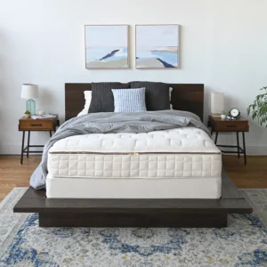 Naturepedic EOS Classic Organic mattress on a modern bed frame with decorative pillows and artwork in a stylish bedroom setting.