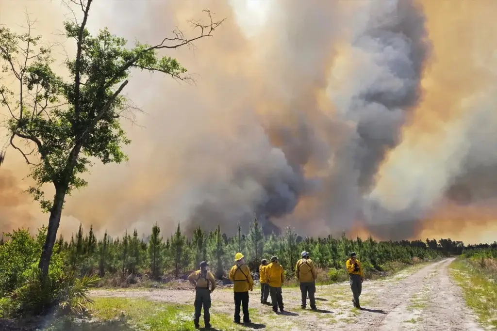 Firefighters observing smoke and flames from wildfires in a forested area, highlighting the impact of recent wildfires in Florida and Southeast Georgia.