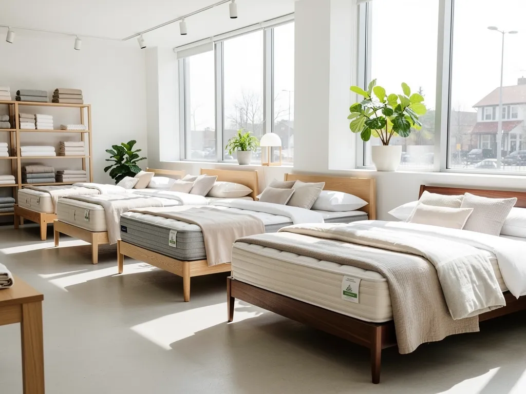 What to Know Before Buying an Organic Mattress 1 Row of natural and organic mattresses displayed on a mattress retail store showroom floor
