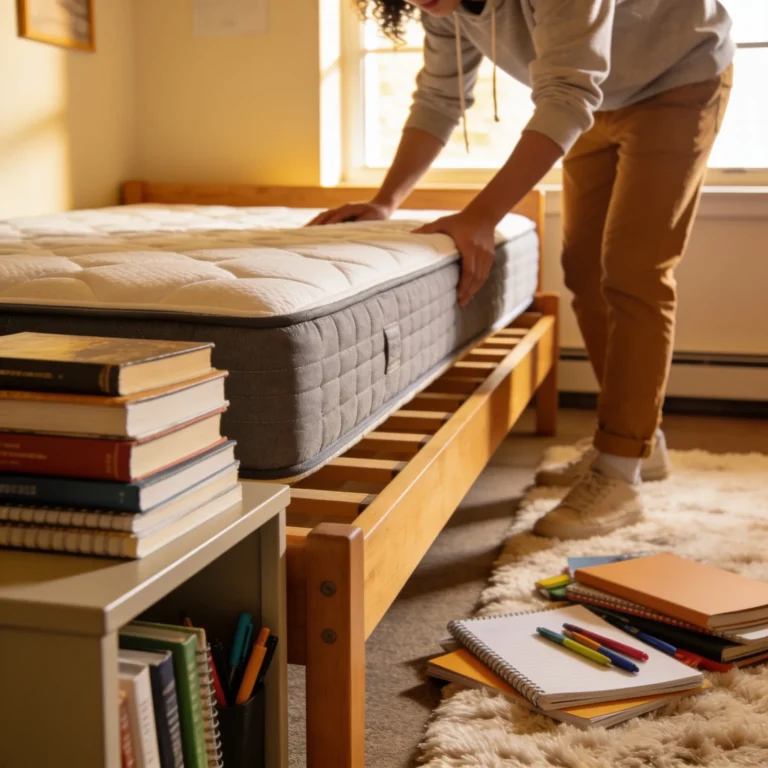 student arranging dorm room with medium-firm mattress for better sleep and academic focus.