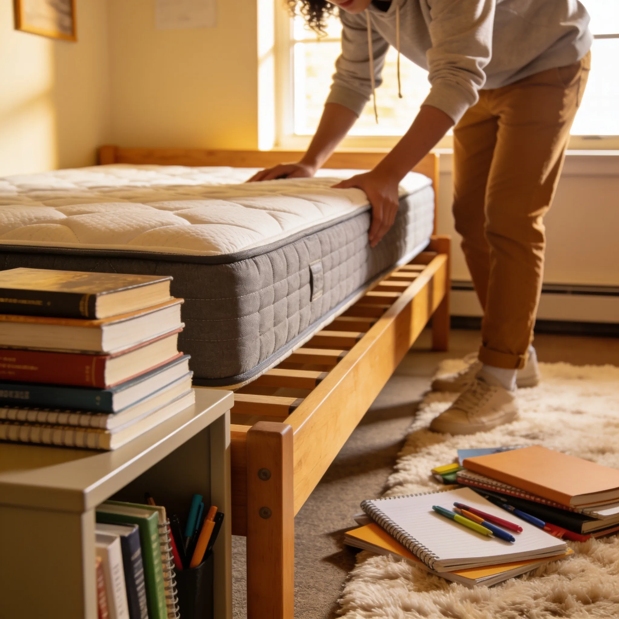student arranging dorm room with medium-firm mattress for better sleep and academic focus.