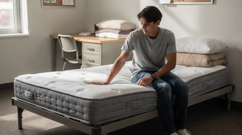 Best Mattresses for Students: Back to School Guide 1 college student testing dorm room mattress firmness and support in a showroom