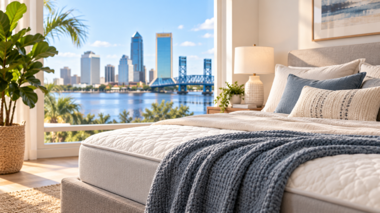 Modern bedroom with a mattress overlooking the Jacksonville, Florida skyline, featured in Jacksonville Bedding’s mattress firmness guide.