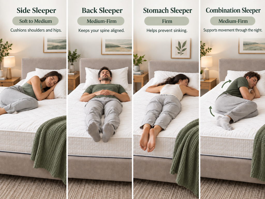 Mattress Firmness Guide: How to Choose the Right Feel 1 Illustration showing recommended mattress firmness for side sleepers, back sleepers, stomach sleepers, and combination sleepers.