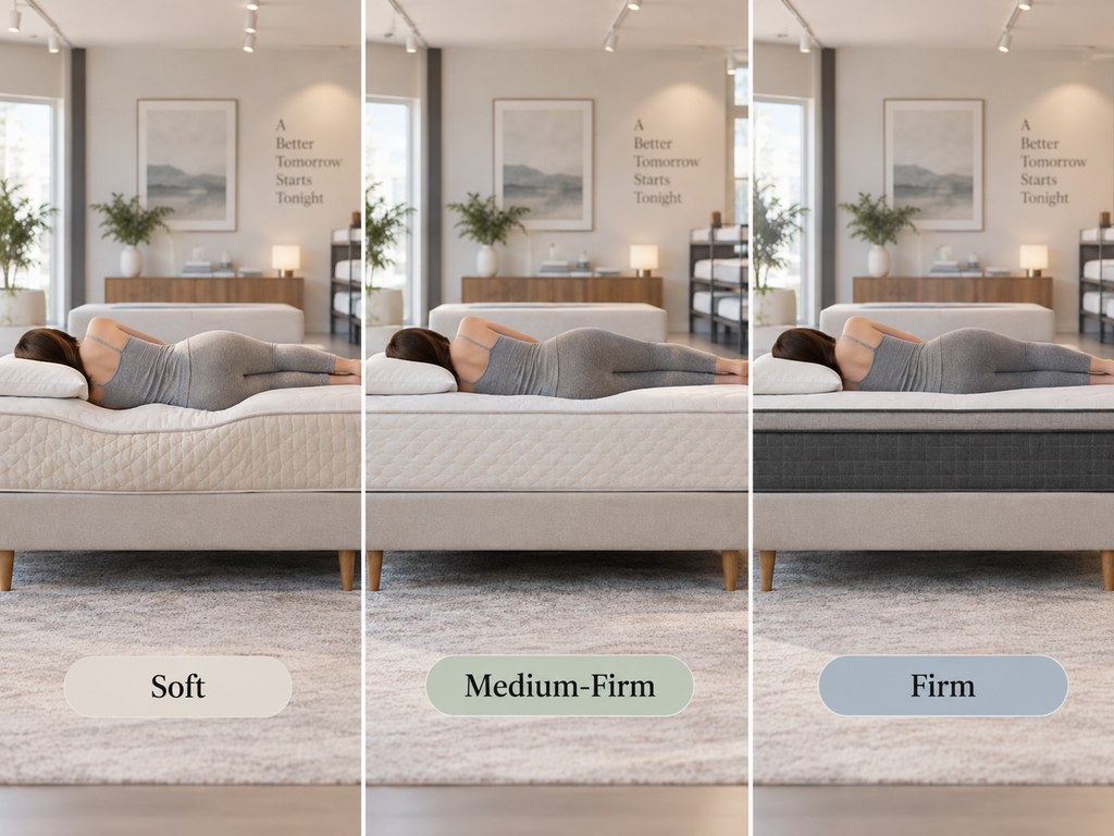 Mattress Firmness Guide: How to Choose the Right Feel 2 Side-by-side comparison of soft, medium-firm, and firm mattresses showing how each firmness level supports the body differently.